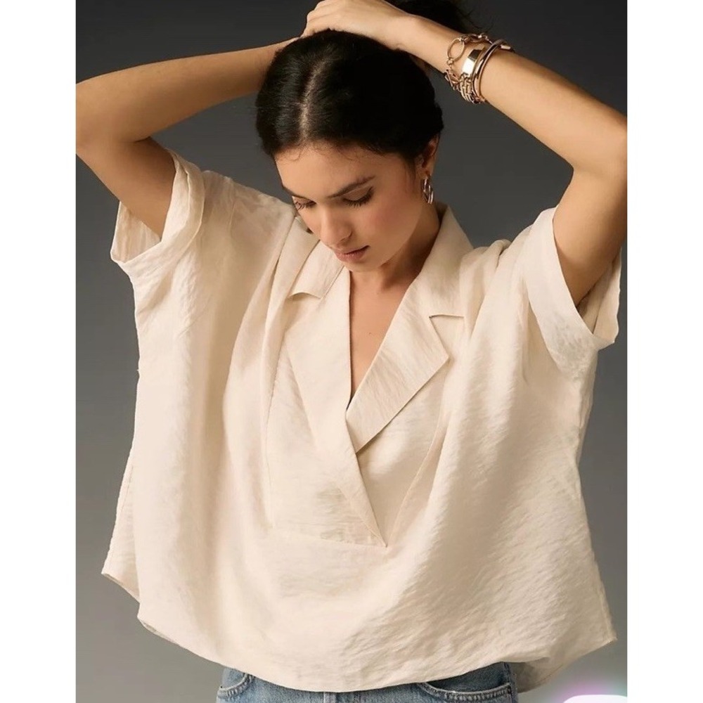 Anthropologie Womens Dylon Short Sleeve Wide Placket Blouse Size Xs Ivory